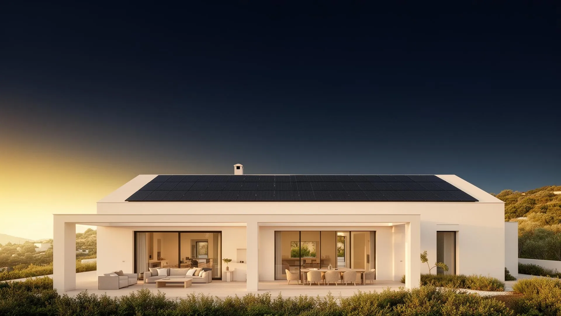 Porodična kuća sa solarnim panelima na krovu u sumrak